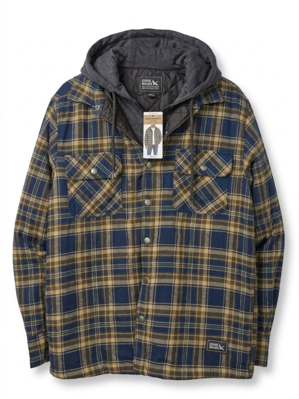 Eddie Bauer Hooded Flannel Shirt Jacket Quilted Navy Tan Plaid Men's Small NWT
